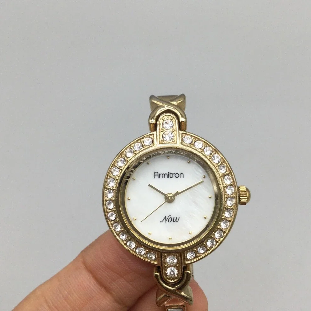 Armitron Womens Watch 28mm White MOP Dial Gold Tone Crystal New Battery 6.5